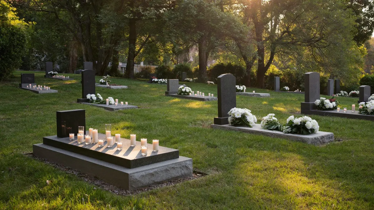 Velas acesas e flores sobre túmulos em um cemitério tranquilo ao entardecer, em clima de oração e esperança