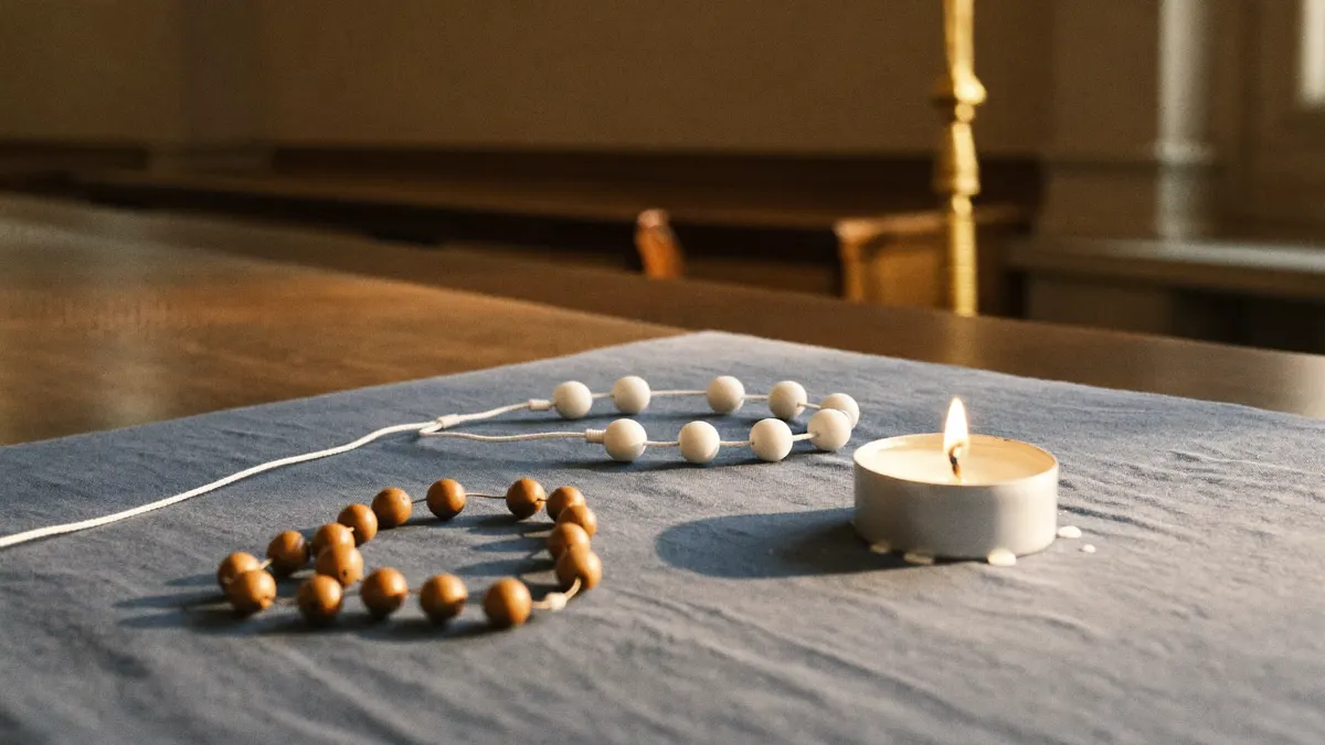 Terço sobre tecido azul ao lado de uma vela acesa e um cordão com nós, em ambiente de oração